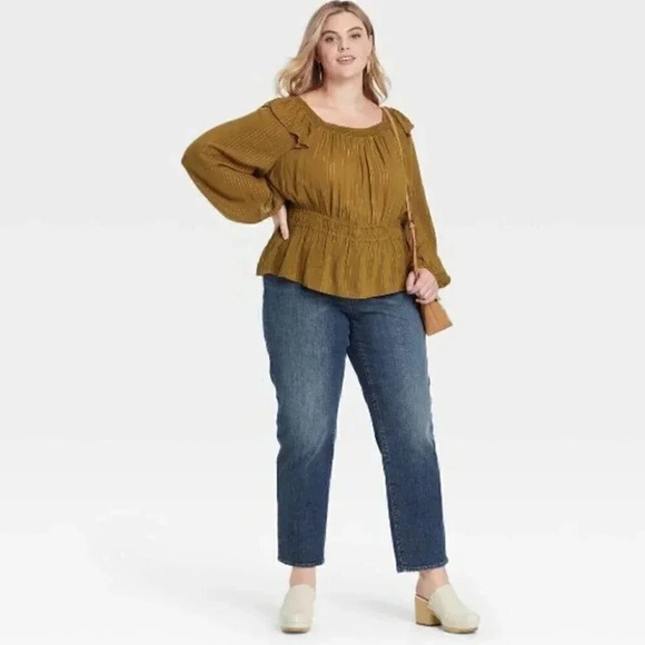 Balloon Sleeve green brown & golden metallic Peplum Blouse - Universal Thread xl - Picture 2 of 12